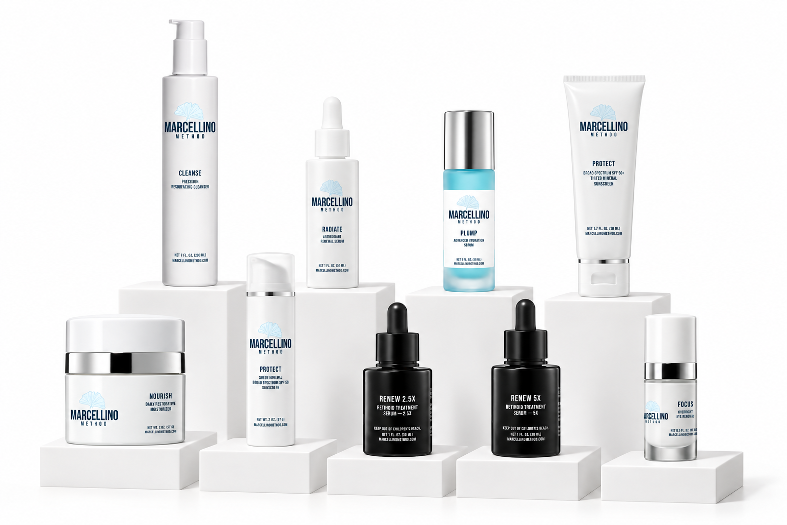 Marcellino Method skincare products arranged on elevated white platforms.